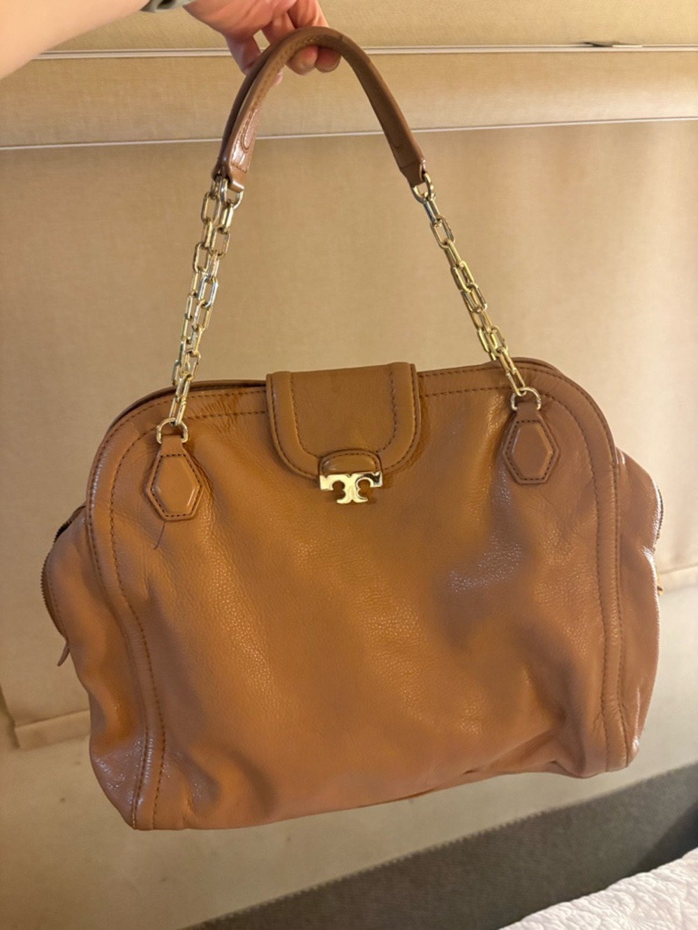 Tory Burch Cognac Leather Tote with Gold Chain Handles
